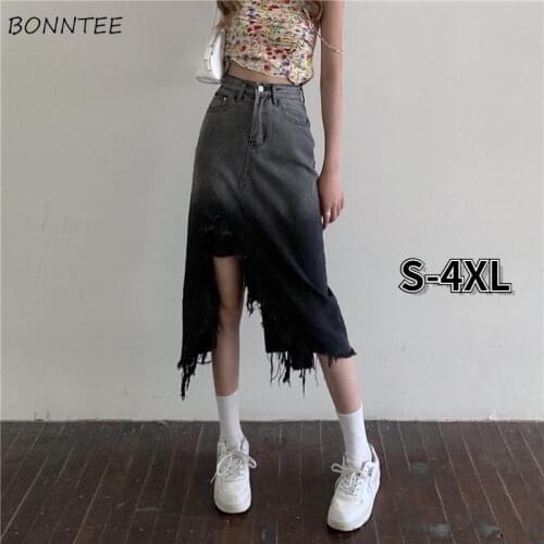 Oversize Skirts Women Gradient Side-slit Asymmetrical Vintage Summer New High Waist Preppy Style Korean Cozy Denim Simple Faldas