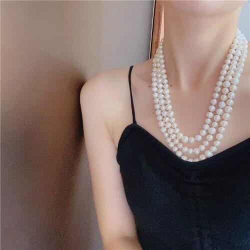 Hand knotted 50-58cm 3strands 8-9mm white freshwater pearl micro inlay zircon accessories pearl necklace