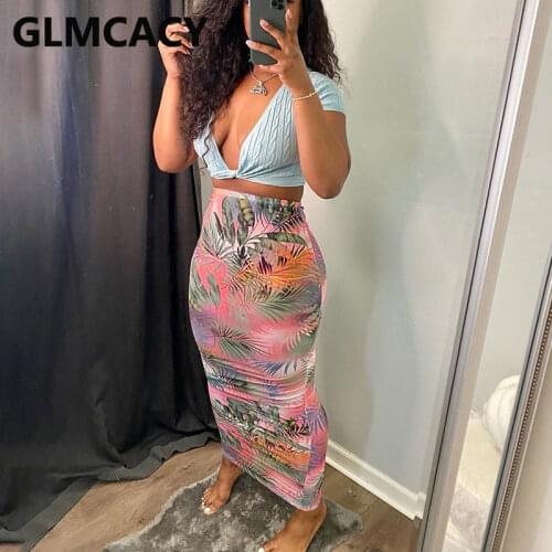 Women High Waist Leaf Printed Bodycon Maxi Skirts