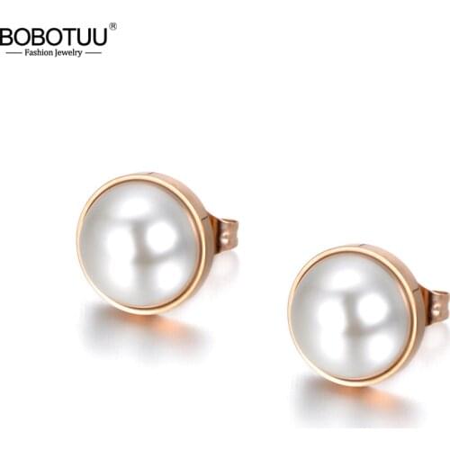 BOBOTUU Simulated Pearl Earrings For Women Jewelry Bijoux Brincos Pendientes Mujer Fashion Stud Earrings Stainless Steel BE18039