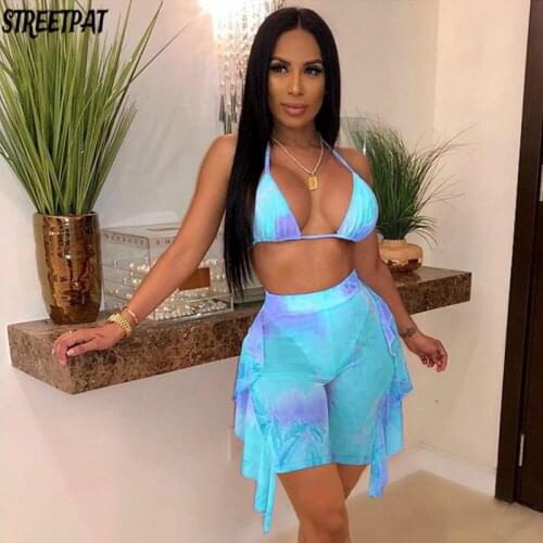 Tie Dye Mesh Sexy Two Piece Set Women Summer Beach Bikini Suit Halter Crop Top Ruffle Shorts Swimsuit Holiday Outfits 2021