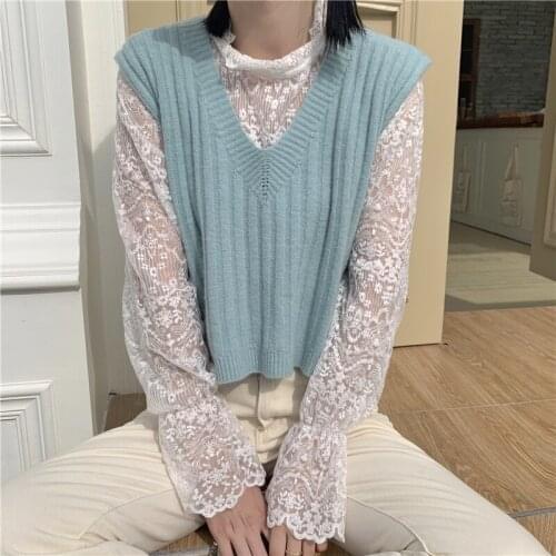 Harteen Knitted Vest Spring Autumn V-Neck Womens Korean Fahsion All-Match Lace Up Sleeveless Simple Slim Solid Sweater Femme Top