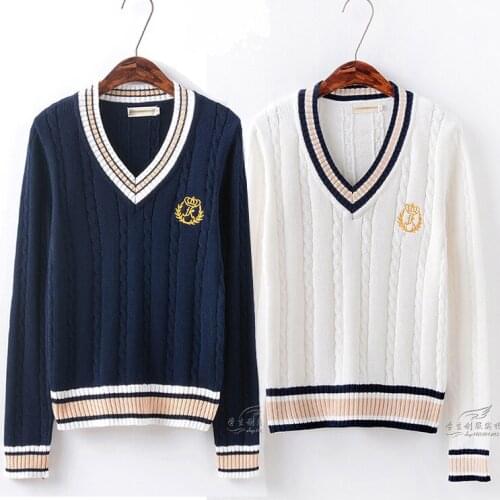 British Preppy Style Womens Unisex V-Neck Winter Sweater Japanese School JK Uniform Long Sleeve Sweater Twisted Line 2 Colors