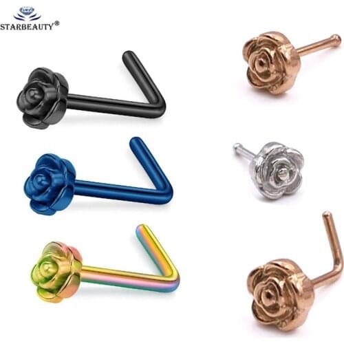 1Pc 20G Titanium Nose Stud L Bone Shape Elegant Rose Flower Charm Nose Ring Earring Silver-Color Hoop Stud Body Piercing Jewelry