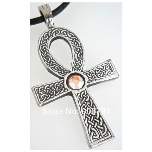 30pcs a lot antique silver plated religious ankh cross with orange crystal pendant necklace jewelry