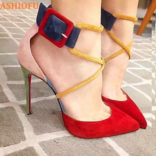 ASHIOFU New Handmade Ladies High Heel Pumps X-straps Patchwork Party Prom Dress Shoes Buckle Strap Club Evening Fashion Shoes