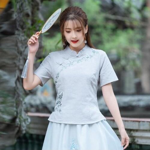 Traditional Chinese shirt Women blouse Embroidered Tang top Short sleeve Summer Vintage