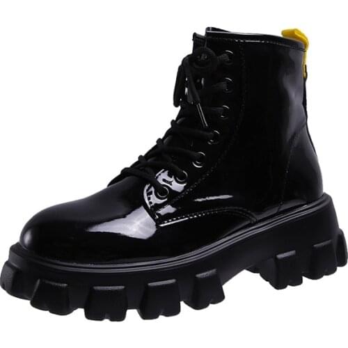 Lace Up Ankle Boots for Women Shoes Woman Solid Black Leather Boots Female New Round Toe Plus Size Thick Bottom Platform Boots