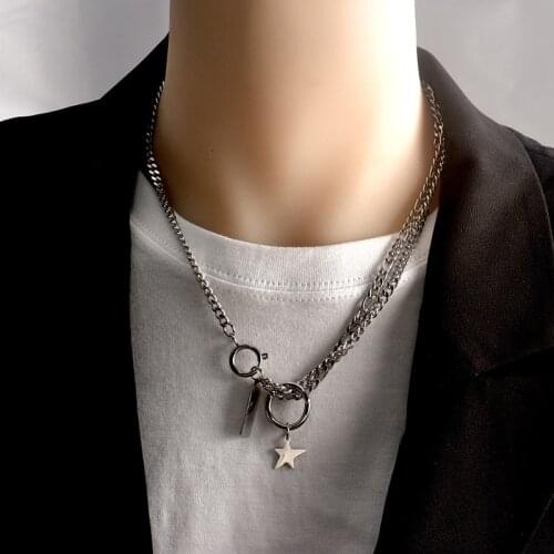 TIMEONLY Korean Style Multi Layer Star Square Pendant Necklace for Women Retro Charms Necklaces Hip Hop Titanium Steel Jewelry
