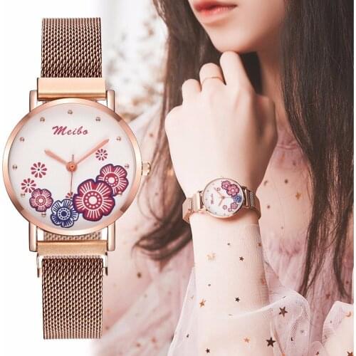 2020 Hot Sale Women Watches Magnet Buckle Flower Watch Luxury Ladies Stainless Steel Mesh Belt Quartz Watch MEIBO Clock Watch