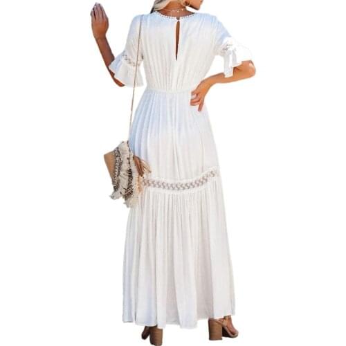 2021 Spring and Summer New Short-sleeved Solid Color Lace V-neck Long Dress