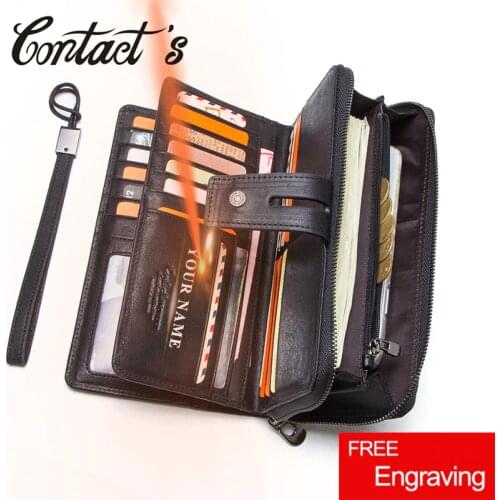 Contacts Genuine Leather Long Wallet Large Capacity Men Coin Purse Male Clutch Wallets Cell Phone Bag Portomonee Card Holder