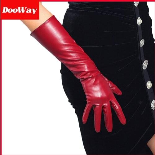 DooWay Long Faux Leather Gloves 16-inch Elbow Length Dark Red Burgendy Stretchy PU Women Party Costume Finger Gloves
