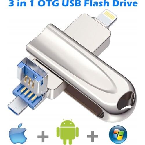 USB 3.0 Flash Drive for iPhone 3 in 1 Pendrive for lightning/Micro usb/Computer 256GB Metal Memory Stick 16gb 32gb 64gb 128gb