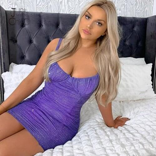 Justchicc Glitter Sexy Dress Spaghetti Strap Backless Pleated Club Party Dresses Summer Mini Bodycon Dress Women Clothes Vestido