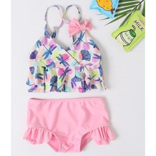 2-7years 2021 New Girls Swimsuit Two Piece Swimwear For Children Little Girls Cute Dragonfly Color Dot Print Girls Swimsuit