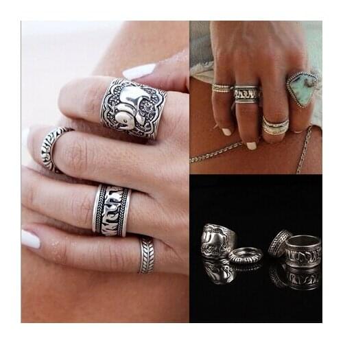 LEMOER 4Pcs Vintage Punk Ring Set Bohemian Antique Silver Metal Carved Flower Elephant Totem Leaf Lucky Knuckle Ring for Women
