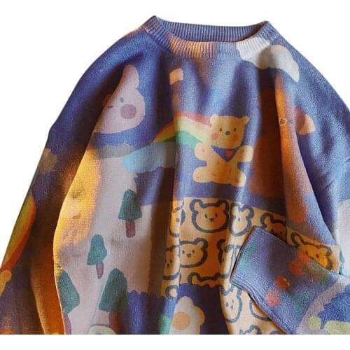 Cute Tops Women Bear Print Patchwork Color Lazy Wind Pullovers Women 2021 Autumn Loose Knitwear Kawaii Sweaters Female LD2264