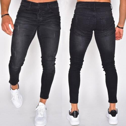 Brand New Mens Solid Color Elastic Tight Classic Jeans, Black Mid-waist Slim Ninth Pencil Pants, Daily Life and Vacation