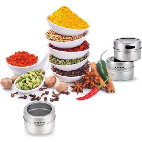 Magnetic Spice Jar Set With Stickers Stainless Steel Spice Tins Spice Storage Container Pepper Seasoning Sprays Tools