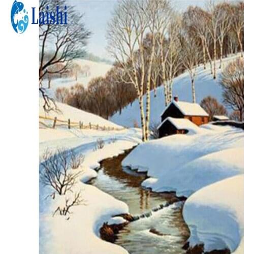 Full circle diamond painting Snow tree house creek handmade diamond embroidery Cross stitch mosaic art kit home decoration