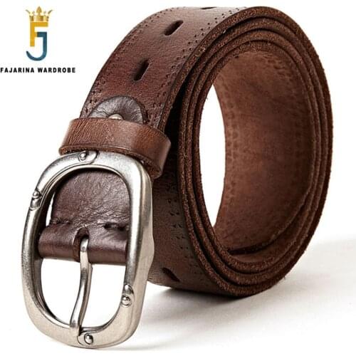 FAJARINA Unisex Quality Retro 38mm Width Belt Genuine Leather Women Black Clasp Buckle Belts for Men Styles Jeans N17FJ301