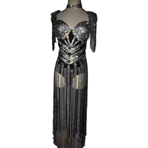 Silver Rhinestones Long Tassels Bodysuit Female Nightclub DJ DS Costume Bar Party Stage Outfit Singer Modern Dance Clothing