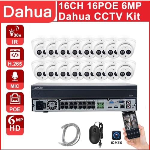 Dahua CCTV Kit 16CH 16POE NVR4216-16P-4KS2 6MP HD IPC-HDW4631C-A Built-in Mic APP IP67 H.265 CCTV Surveillance System Dahua set