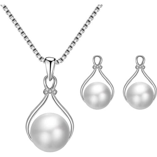 Water Drop Shape Pearl Pendant Earrings Necklace Wedding Bridal Jewelry Set