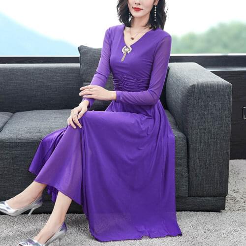 Spring Mesh dresses for women long sleeves v-neck long temperament waist slim base skirt dress for women dress bodycon dress