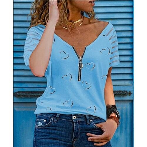 Summer Women Fashion Striped Printed Tees Love Zipper V-neck Short Sleeve Tops Casual T-shirt Loose Plus Size XS-8XL