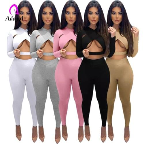 Fitness Solid Women 2 Piece Set Long Sleeve Crop Top + High Waist Pants Matching Set Sexy Hollow Out Bandage Outfits Tracksuit