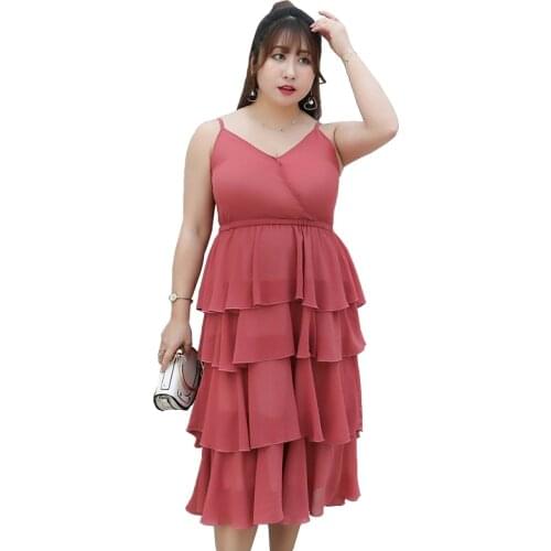 Oversize Sling Cake Dress Women Summer Sleeveless Adjustable Shoulder Strap Sexy Dress Female Plus size 4XL Chiffon Dresses G871