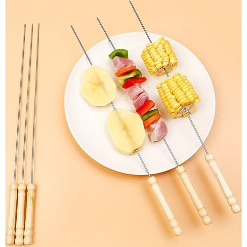 Stainless steel wooden handle barbecue mutton skewer BBQ needles tool iron round stick accessories needle 100pcs 200pcs