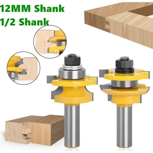 2pcs 12mm 1/2" Shank Matched Tongue Groove T-handle Rail Stile milling cutter Tenon Knife Router Bits Set Door Working Cutter