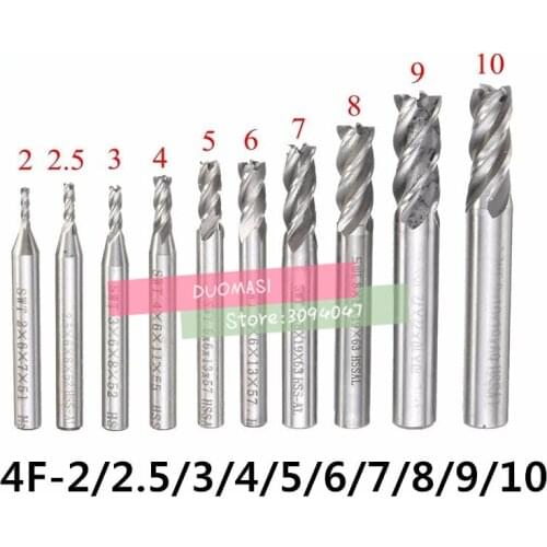 Free Delivery 10pcs/set HSS End Mill 4 Blades CNC Tools Diameter 2.0-10.0mm Flute Milling Cutter Router Bit CNC mill Drill Bit