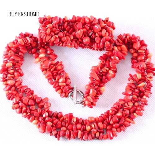 4-8MM Chip Beads Natural Stone Jewelry Gift Red Coral Necklace Bracelet Jewelry Set For Women