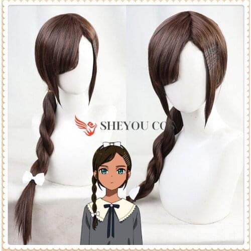 WONDER EGG PRIORITY Aonuma Neiru Cosplay Wig Brown Long Braided Hair White Bow Heat Resistant Long Braids Girls Anime + Wig Cap