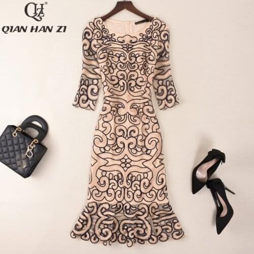 Qian Han Zi Spring Summer Designer Party Dress Womens Fashion Mesh Plate flowers Embroidered Dress Slim Retro Mermaid Dress