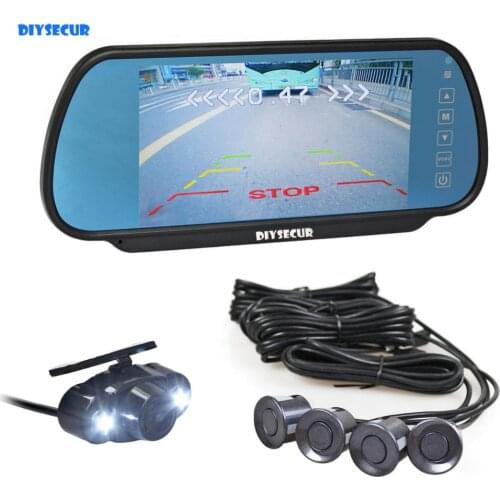 DIYSECUR Video Parking Radar 4 Sensors + 7" LCD Display Mirror Car Monitor + 4 x LED Night Vision HD Rear View Car Camera