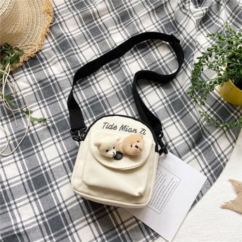Korean Style Letter Print Canvas Bag Women Mini Bag With Cartoon Bear Crossbody Bags For Women 2020 Shoulder Bag Girls Small Bag