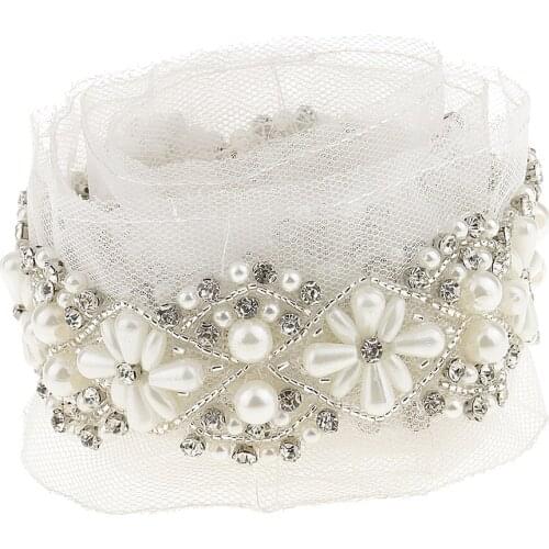 90cm Pearl Beaded Sewing Lace Trims Mesh Ribbon Applique for Wedding Dress Costume Craft White 5.5cm