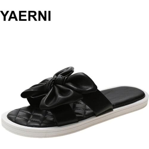 YAERNI Summer Womens Slippers Pu Flats Sandals Open Toe Causal Soft Female Shoes Bow Comfortable Fashion Sandals Women Zapatos