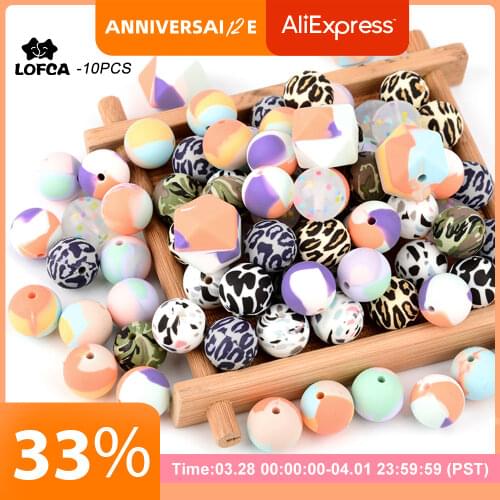 LOFCA 10pcs Tie dye leopard Terrazzo Dalmatian camo Silicone BeadsTeething Beads DIY Chewable Colorful Teething For Infant Baby