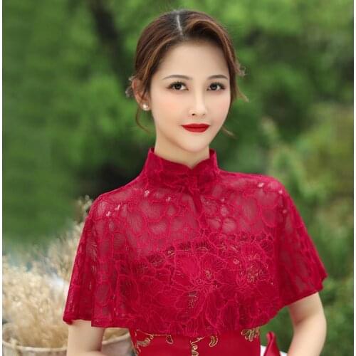 Black White Champagne Red Wedding Cape Shawl High Neck Shrugs For Women Bolero Floral Lace Bridal Wraps Prom Evening Dress Cape