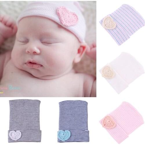 New Newborn Baby Hat Toddler Baby Warm Hat Love Heart Striped Caps Soft Hospital Girls Cotton Hats Bow Beanies for Newborn 0-6M