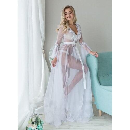 Women New Sexy See-through Lace Nightdress Appliques Deep V-Neck Petal Sleeve Bikini Covers-up Floor-Lengthen Dresses Summer