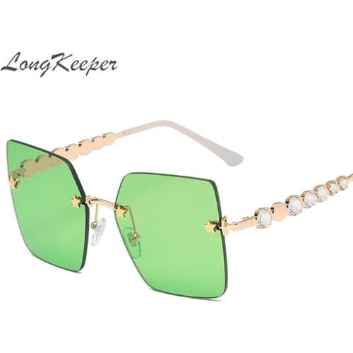 LongKeeper Rimless Square Sunglasses Women Luxury Brand Rhinestone Glasses Vintage Stars Decoration Green Lens UV400 Okulary