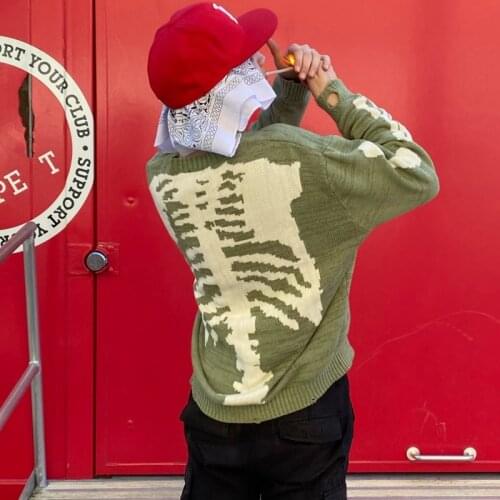 Autumn Long Sleeve Oversize Knitted Sweater Vintage Green Skull Print Loose Pullovers Y2K Aesthetic E-girl Gothic Unisex Clothes