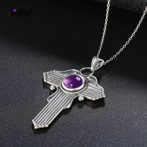 Jewelry S925 Sterling Silver Pendant Necklace Round 8MM Natural Amethyst Cross Pendant Necklace Womens Gifts Wholesale Party